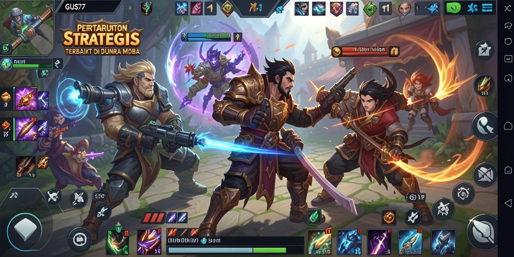 Screenshot GUS77 menampilkan pertarungan seru di arena MOBA.
