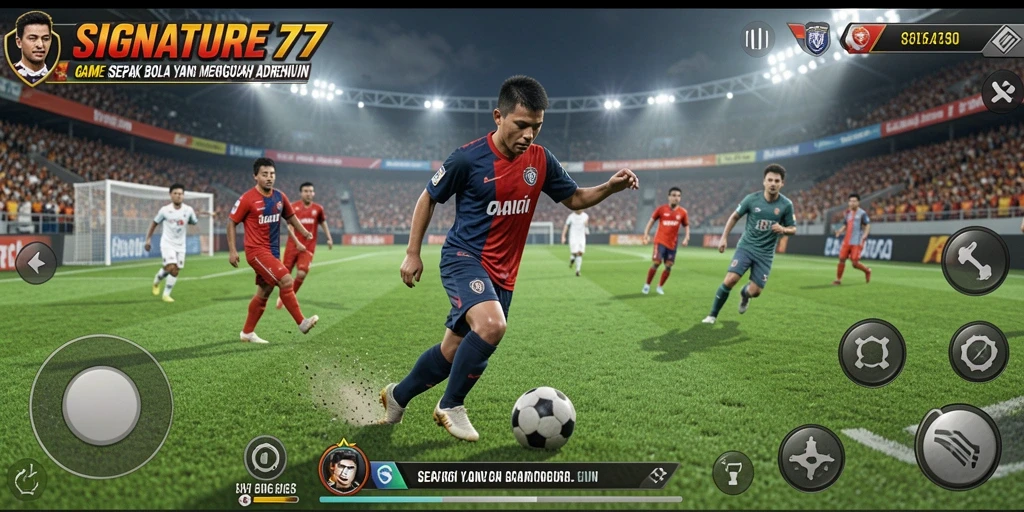 Tampilan gameplay menarik dalam SIGNATURE77 yang menggambarkan aksi sepak bola.